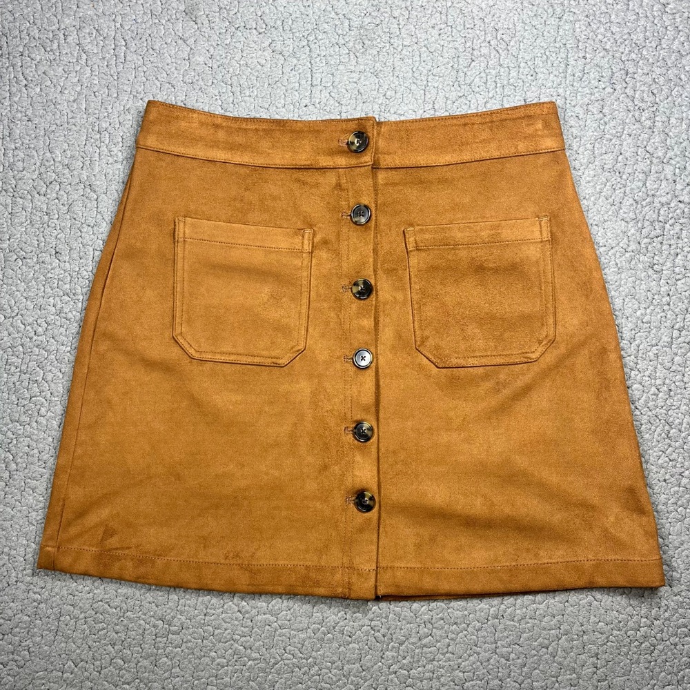 Marine Layer Brown Faux Suede Button Front Mini Skirt Pockets Size 4